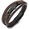 COOLSTEELANDBEYOND Nero Acciaio Lato Orizzontale Laterale Piatto Croce Tre Filoni Marrone Intrecciato Pelle Bracciale Cuoio, Uomo Donna