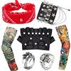 HEAWAA 9 Pezzi Costume Rock Accessori, Accessori Costume Punk con Falso Tatuaggio Maniche Copre Bandana Nero PU Guanti Bracciale e Anelli per Donne Uomini Adulti Festa degli Anni 70 80 90