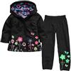 Baotung - Set di abbigliamento impermeabile per bambine e ragazze, con cappuccio e motivo floreale + pantaloni impermeabili Nero 98 cm