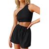 RPAEOY Completi Donna Eleganti One shoulder Stretch Piegare Crop Top e Pantaloncini Corto 2 Pezzi Tuta Loungewear Estivo Casual Completo per Spiaggia Vacanza Nero XL