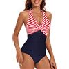VILOREE - Costume da bagno intero da donna, con allacciatura al collo, scollo a V, schiena scoperta, modellante, snellente, Strisce nere., XXX-Large