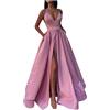 Masrin Abito da sera da donna, lungo, elegante, alla moda, tinta unita, in tulle, senza maniche, con scollo a V, senza maniche, lunghezza del pavimento, maxi abito da festa, Z1-rosa, M