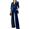 Botong Completo da donna in velluto da 2 pezzi, con risvolto a punta, doppiopetto, blazer e pantaloni da lavoro, Blu, S