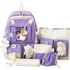 LYEAA Set di 5 zaini for la scuola in tela, zaini scolastici Kawaii for ragazze e studenti, Viola, 43 x 30 x 13cm, 100%