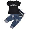Verve Jelly Maglietta in cotone a maniche corte per bambina Vestiti estivi con jeans strappati Pantaloni in denim 2 pezzi Set di abiti di moda 130 nero 5-6 anni