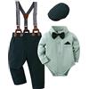 Amissz Completino Bambino per Cerimonia, Baby Neonati 3 Pezzi Battesimo Abbigliamento Set Matrimonio Baby Smoking Camicia con Farfallino + Bretelle Pantaloni + Berretti Verde 6-12 Mesi