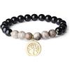 COAI Albero della Vita Bracciale Unisex Bilanciamento Reiki con Perle in Tormalina Nera e Diaspro Foglia d'Argento con Medaglietta Amuleto Albero della Vita, Bracciale Elastico in Pietre Benefiche