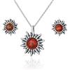 AMBEDORA Set da donna in argento Sterling 925 con ciondolo a forma di piccolo sole (collana e orecchini), argento ossidato, ambra baltica in cognac, ciondolo con catenina e orecchini, set pronto per un regalo