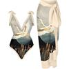 YAOTT Costume da Bagno Donna 2 Pezzi Set Bikini Sexy con Stampa Vintage,Spalline Regolabili Costumi da Bagno Intero con Coprire Gonna Pareo Mare Sarong,Costume Intero con Controllo della Pancia StileC XL