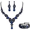 EVER FAITH Collana e Bracciale e Anello, Cristallo Austriaco Nuziale Art Deco Floreale Onda Goccia Orecchini Braccialetto Set di Gioielli per Bride Blu Nero-Fondo