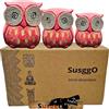 SusggO - Set di 3 gufi in legno, decorazione, intagliati a mano, gufo portafortuna, idea artistica, decorazione per mobili (Rosa)
