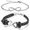 Cupimatch, Set di 2 bracciali da uomo e donna in acciaio inossidabile e cuoio con simbolo dell'infinito, colore argento e nero