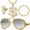 Leonshco set accessori rapper, 4 pezzi accessori rapper costume, costume rapper - occhiali da sole dorati/catena da un dollaro/braccialetto/anello, accessori anni '70, '80 e '90, accessori di carnevale
