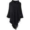 Ferand Poncho da Donna Mantella con Cappuccio e Orlo Sfrangiato - Taglia Unica - Nero