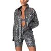 FeMereina Camicie da donna a maniche lunghe con paillettes Camicette glitterate con scollo a V con colletto abbottonato oversize Top elegante Sparkle Party Clubwear, Grigio, L