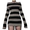Owegvia Mini abito da donna gotico punk, vintage, a righe, in maglia, aderente, con spalle scoperte, scollo a barchetta, maniche lunghe, abito corto per feste in strada, Nero , S