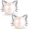 Miaofu Orecchini a forma di gatto, in argento Sterling 925 placcato oro bianco 18 carati, orecchini con perle di gatto ipoallergenici, gioielli sottili per donne e donne, in argento Sterling, perla,
