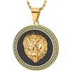 COOLSTEELANDBEYOND Uomo Oro Acciaio Testa di Leone Cerchio Ciondolo Collana Pendente con Zirconi, Nero Onice, Motivo Chiave Greco, Oro Nero
