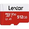 Lexar Micro SD 512 GB, Scheda Micro SD fino a 100 MB/sec(R), Scheda di Memoria microSDXC con Adattatore SD, A1, U3, C10, V30, Micro SD Card