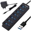shoplease Splitter USB 3.0 con adattatore 5V/2A, estensione USB a 7 porte con interruttore di accensione/spegnimento singolo, hub dati di espansione portatile