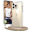 Vaykwo Cover con Cordino per iPhone 14 Pro Max 6.7'',Custodia con Regolabile Collana per iPhone 14 Pro Max, Protezione Completa a 360 Gradi Trasparente Case con Laccio Tracolla, D'oro