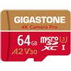 Gigastone Scheda di memoria 64 GB 4K Fotocamera Pro, compatibile con GoPro Drone Switch, Velocità 95 MB/s. per 4K Video, A2 U3 V30 Micro SDXC Card con adattatore SD.