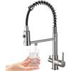 MOGFCT Rubinetto della cucina con rubinetto filtrato del purificatore d'acqua, rubinetto del miscelatore ad arco 3 vie, tirare giù spruzzatore 2 maniglie (nichel spazzolato)
