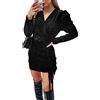 Loalirando Abito Elegante Donna Vestito con Maniche Lunghe Mini Abito Invernale in Velluto con Scollo a V Tinta Unita Casual Cerimonia (Nero, L)