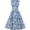 Wellwits Abito vintage da donna a pois a vita alta con dettagli plissettati, Bianco floreale in blu, 40