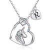 TINGN Collana Unicorno con Ciondolo Cuore Iniziale, Placcato Oro Bianco 14k CZ, Regali per Ragazze Gioielli da Donna
