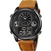 SKMEI Orologio da polso da uomo con cronografo a LED in pelle impermeabile, Nero Marrone Chiaro,