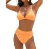 CUPSHE Bikini da donna a vita alta, costume da bagno incrociato smerlato con scollo a V, due pezzi, push-up, Giallo/Rosa, M