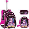 IvyH Unicorno Zaino Trolley Ragazze Set da 3 pezzi, Zaino Ruote Scuola Elementare Borsa Trolley con Borsa Pranzo Borsa per Penna Ideale per Bambini Studenti della Classe 1-6