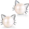 jiamiaoi Orecchini Gatto Orecchino Perle Gatto Orecchino a forma di Gatto Orecchini Gatti Arggento 925 per ragazze Orecchino Donna Argento Orecchini di Perla Bianca Gatto Orecchini a Bottone Gatto