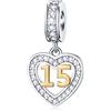 GLOWDAS 15 anni di anniversario Charms fit Pandora DIY braccialetto, 18k oro numero 15 Dangle, 925 argento sterling 15 compleanno cuore Pendente perline con pietre di nascita, regali per la laurea/vacanza