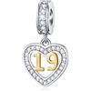 GLOWDAS 19 anni di compleanno Charms fit Pandora Valentines Braccialetto, Numero d'oro 19 Dangle Beads, 925 Sterling Silver 19 ° anniversario collana del cuore Pendente con CZ, regali per la famiglia/amico