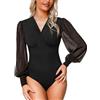 Litherday Body Donna Elegante con Scollo a V e Maniche Lunghe Sbuffo in Tulle - Body Sexy Elasticizzato Aderente per Festa Cerimonia Moda, Nero, M