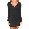 AMABILEMIA Vestito Donna Sexy Maniche Lunghe Mini Abito Elegante da Sera Vestito Corto Aderente fasciato Nero Scollo a V Discoteca Autunno Inverno AM066 (Nero, Taglia L)