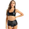 QJZM Abbigliamento da Pole Dance per Donna, Pantaloncini da Completo Racer Back Crop Top Metallizzato Lucido , Costumi da Ballo Sexy ,Nero,M