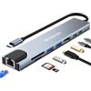 Wowssyo Hub USB C Ethernet 8 in 1, Docking Station USB C，Multiporta USB Hub, HDTV 4K, PD 100 W, USB 3.0, SD/TF, USB-C, Adattatore MacBook M1 Air Pro, per iPad, Switch, Chromecast, Cellulare e altro