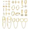 JeweBella Set 12 Paia Orecchini a Cerchio Pendenti con Catena - Mini Stella Luna in Acciaio Inossidabile Ipoallergenico Zircone Malocchio - Oro/Argento