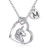 TINGN Collana Unicorno con Ciondolo Cuore Iniziale, Placcato Oro Bianco 14k CZ per Ragazze - Gioielli da Donna Compleanno