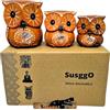 SusggO - Set di 3 gufi in legno, decorazione, intagliati a mano, gufo portafortuna, idea artistica, decorazione per mobili (Marrone dettagli argentati)