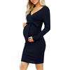 KOJOOIN Gonna Premaman da Donna Vestiti Premaman a Maniche Lunghe Stretto con Scollo a V Tuta Premaman Abbigliamento da Festa al Ginocchio con Cintura (Confezione Multipla), A-Blu Scuro, XL