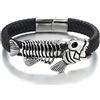 COOLSTEELANDBEYOND Rock Uomo Donna Acciaio Annata Pesce Scheletro Braccialetto, Bracciale di Nero Cuoio Pelle Intrecciata, Fascia di Polso