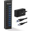 RSHTECH Hub USB Attivo 3.0 con Alimentatore 10Gbps 10 Porte USB 3.1 in Alluminio Hub con 2 Cavi (Cavo Tipo C e Tipo A), Interruttori di LED e Adattatore di Alimentazione 36W(12V/3A), RSH-A10S