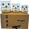 SusggO - Set di 3 gufi in legno, decorazione, intagliati a mano, gufo portafortuna, idea artistica, decorazione per mobili (Bianco dettagli dorati)