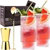 VEMACITY Set di 2 Bicchieri Gin Tonic Rigati con Bordi Dorati | Bicchieri Cocktail Alti | 2 Cannucce, Cucchiaino e Misurino in Oro | Ricetta PDF | Gin Tonic Kit Regalo