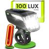 VELMIA Set di luci per bicicletta [100 LUX] Omologato StVZO con illuminazione particolarmente forte e durata 8,5 ore, set di luci per bicicletta a LED, resistenti alla pioggia e ricaricabile, luce per