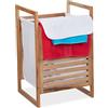 Relaxdays Cesto Portabiancheria in Legno di Noce, 60 x 40 x 35 cm, Sacco Stoffa, 50 Litri, con Coperchio, Marrone Bianco, Cotone